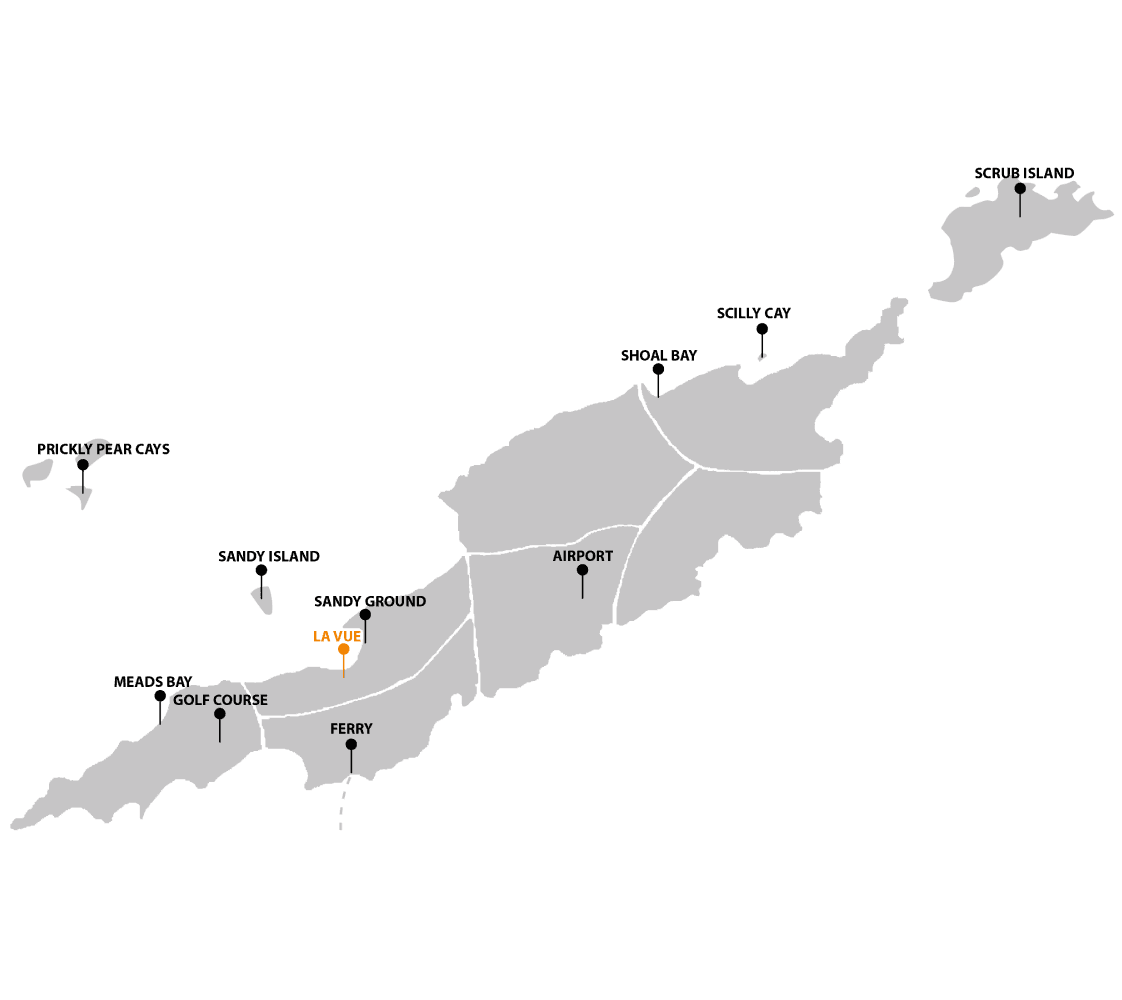 Map highlighting locations including a ferry, airport, and golf course on a gray island silhouette, with a specific area marked in orange.